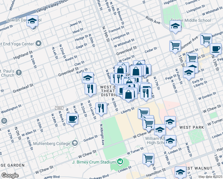 map of restaurants, bars, coffee shops, grocery stores, and more near 1935 Tilghman Street in Allentown