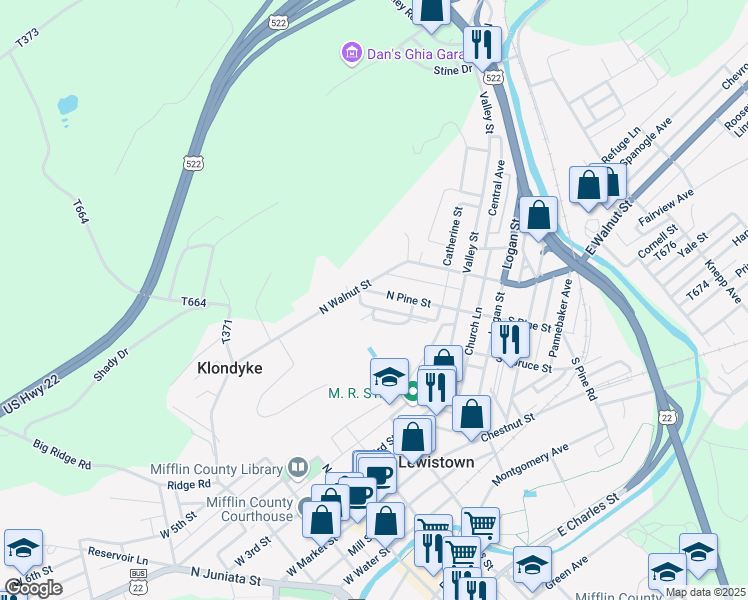 map of restaurants, bars, coffee shops, grocery stores, and more near 83 North Pine Street in Lewistown