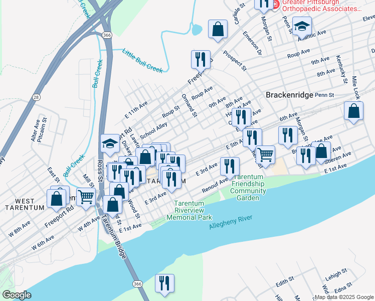 map of restaurants, bars, coffee shops, grocery stores, and more near 451 East 7th Avenue in Tarentum