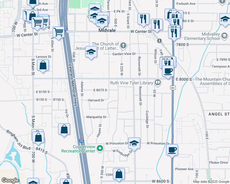 map of restaurants, bars, coffee shops, grocery stores, and more near 257 Cornell Drive in Midvale
