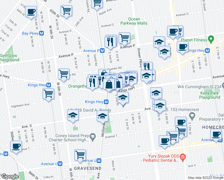 map of restaurants, bars, coffee shops, grocery stores, and more near 1827 East 2nd Street in Brooklyn