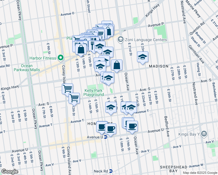 map of restaurants, bars, coffee shops, grocery stores, and more near 1875 East 17th Street in Brooklyn