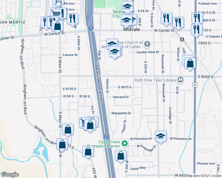 map of restaurants, bars, coffee shops, grocery stores, and more near 437 Cornell Drive in Midvale