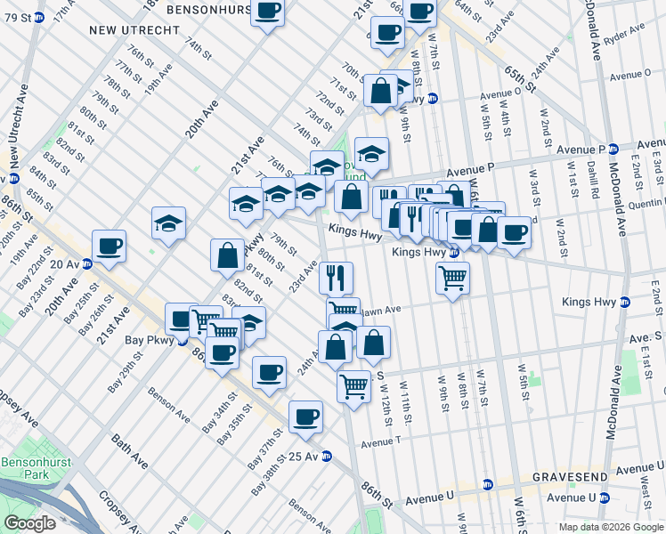 map of restaurants, bars, coffee shops, grocery stores, and more near 1721 Stillwell Avenue in Brooklyn