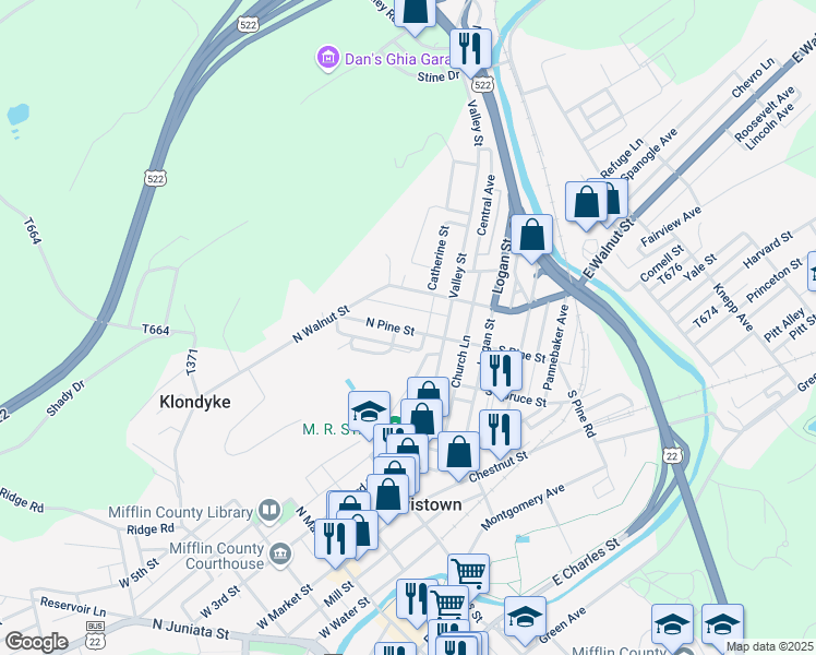 map of restaurants, bars, coffee shops, grocery stores, and more near 38 North Pine Street in Lewistown