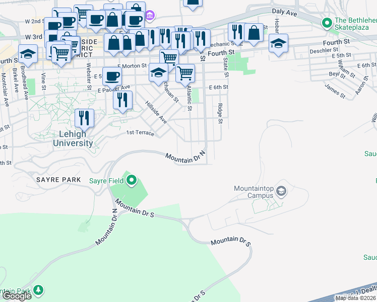 map of restaurants, bars, coffee shops, grocery stores, and more near 818 Atlantic Street in Bethlehem