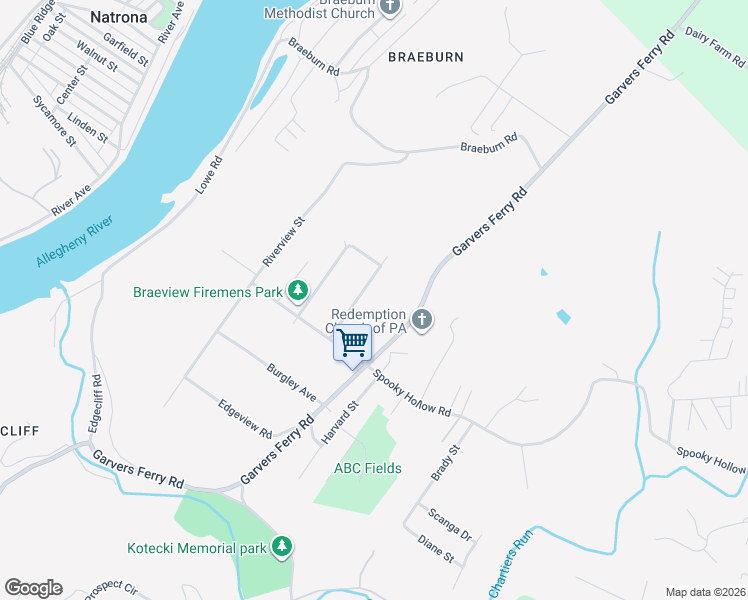 map of restaurants, bars, coffee shops, grocery stores, and more near 3430 Waugaman in New Kensington