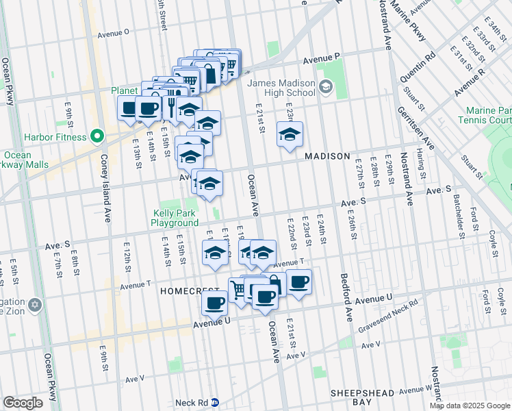 map of restaurants, bars, coffee shops, grocery stores, and more near 2340 Ocean Avenue in Brooklyn