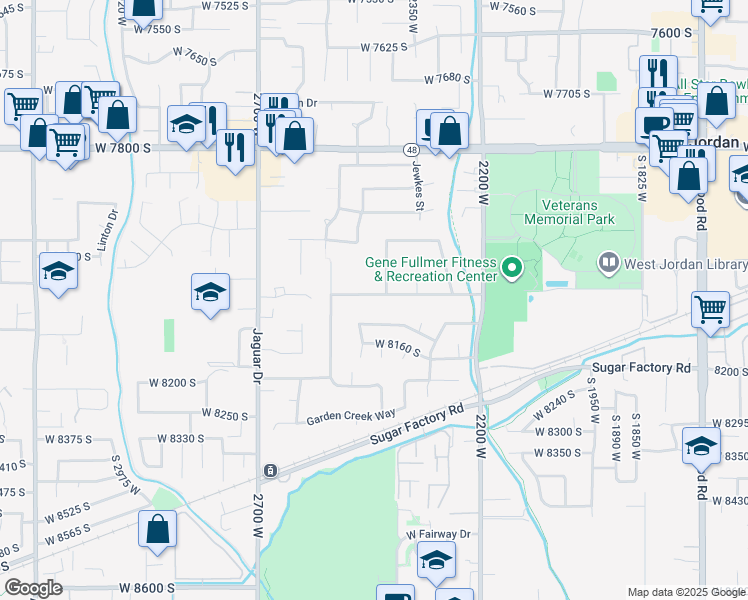 map of restaurants, bars, coffee shops, grocery stores, and more near 2497 Bueno Vista Drive in West Jordan