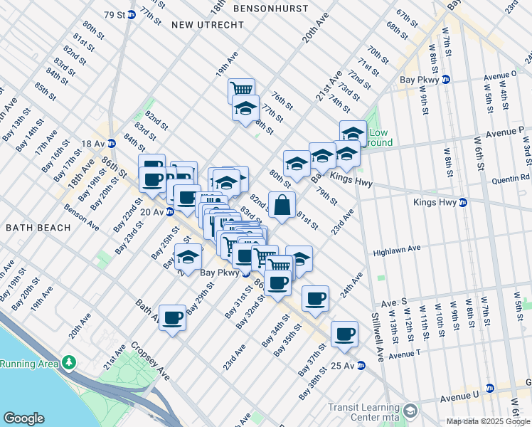map of restaurants, bars, coffee shops, grocery stores, and more near 2154 81 Street in Brooklyn