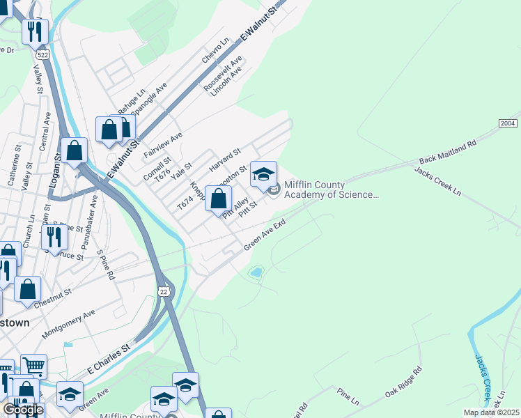 map of restaurants, bars, coffee shops, grocery stores, and more near 700 Pitt Street in Lewistown