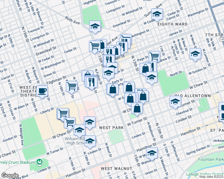 map of restaurants, bars, coffee shops, grocery stores, and more near 1478 Liberty Street in Allentown