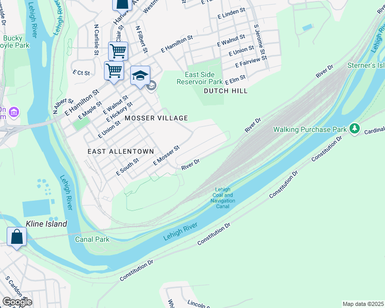 map of restaurants, bars, coffee shops, grocery stores, and more near 411 River Drive in Allentown