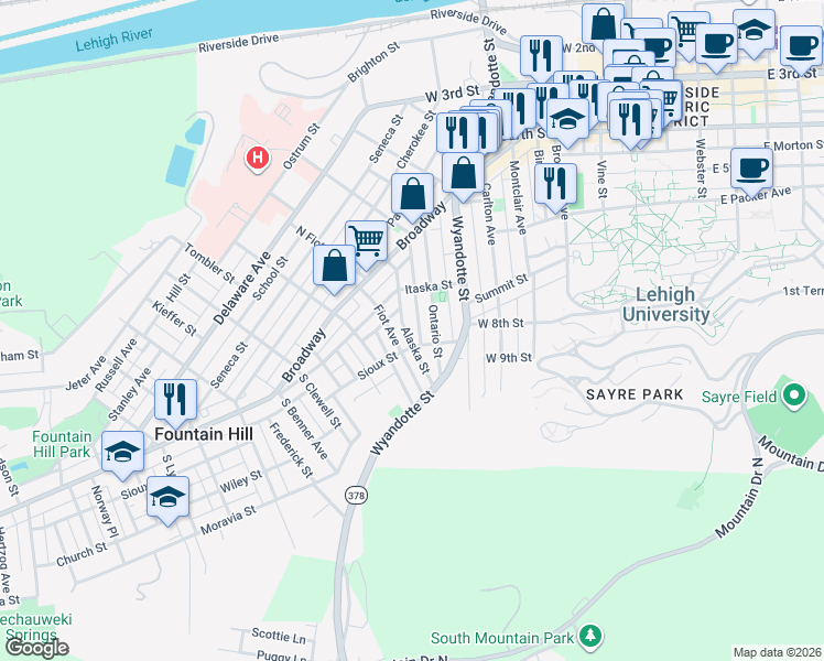 map of restaurants, bars, coffee shops, grocery stores, and more near 623 Jischke Street in Bethlehem