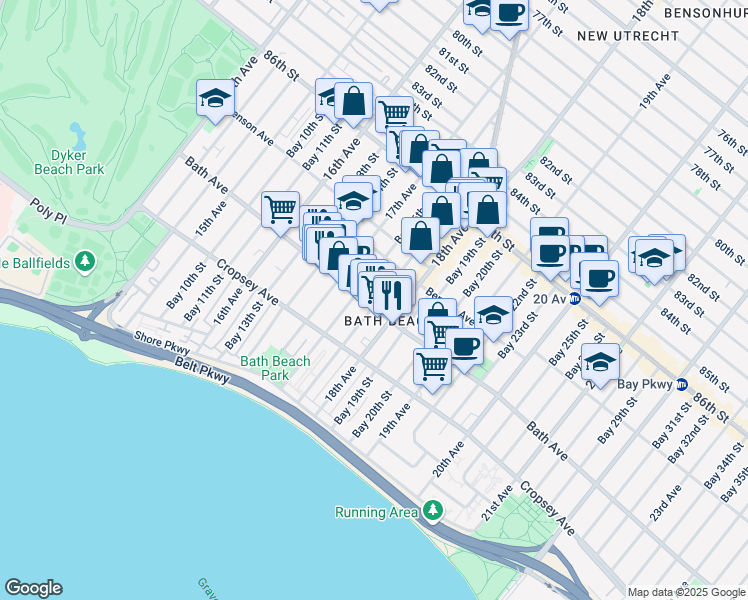 map of restaurants, bars, coffee shops, grocery stores, and more near 1743 Bath Avenue in Brooklyn