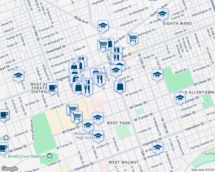 map of restaurants, bars, coffee shops, grocery stores, and more near 529 North 16th Street in Allentown