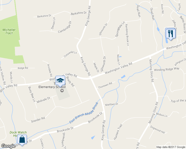 map of restaurants, bars, coffee shops, grocery stores, and more near 60 King George Road in Warren