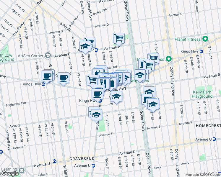 map of restaurants, bars, coffee shops, grocery stores, and more near 505 Kings Highway in Brooklyn