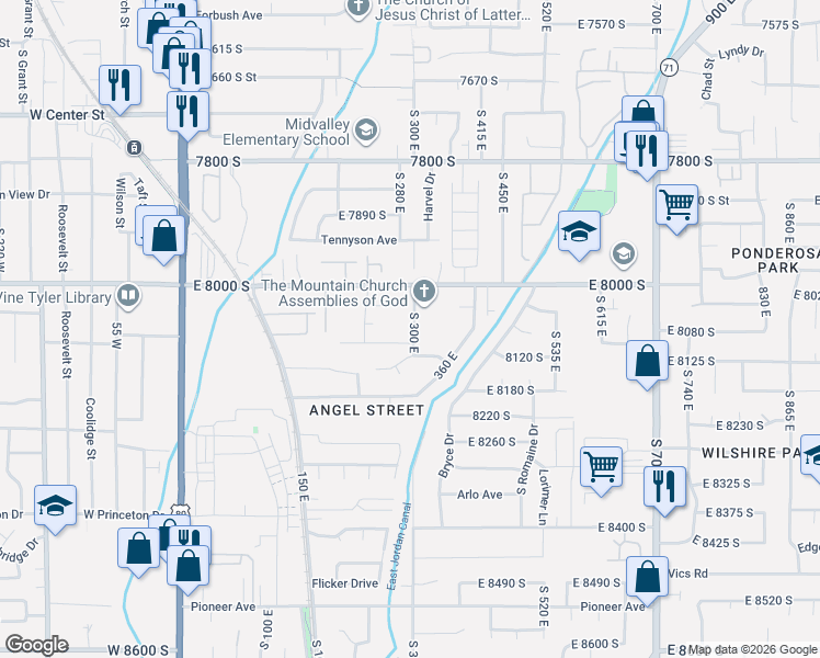 map of restaurants, bars, coffee shops, grocery stores, and more near 8072 South 300 East in Sandy