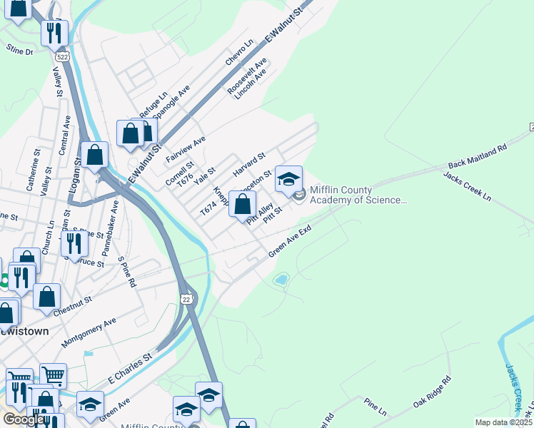 map of restaurants, bars, coffee shops, grocery stores, and more near 519 Pitt Street in Lewistown
