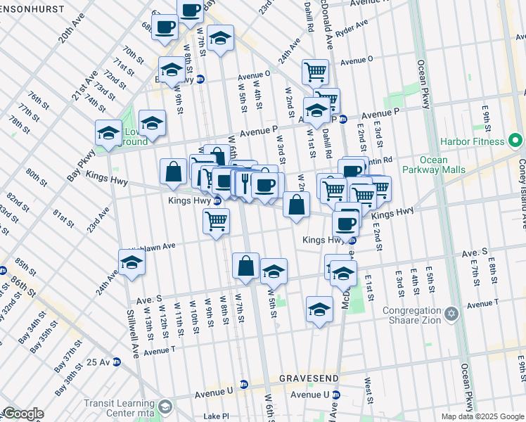 map of restaurants, bars, coffee shops, grocery stores, and more near 1763 West 5th Street in Brooklyn