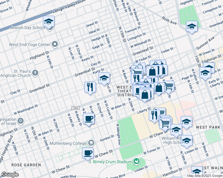 map of restaurants, bars, coffee shops, grocery stores, and more near 719 North 21st Street in Allentown