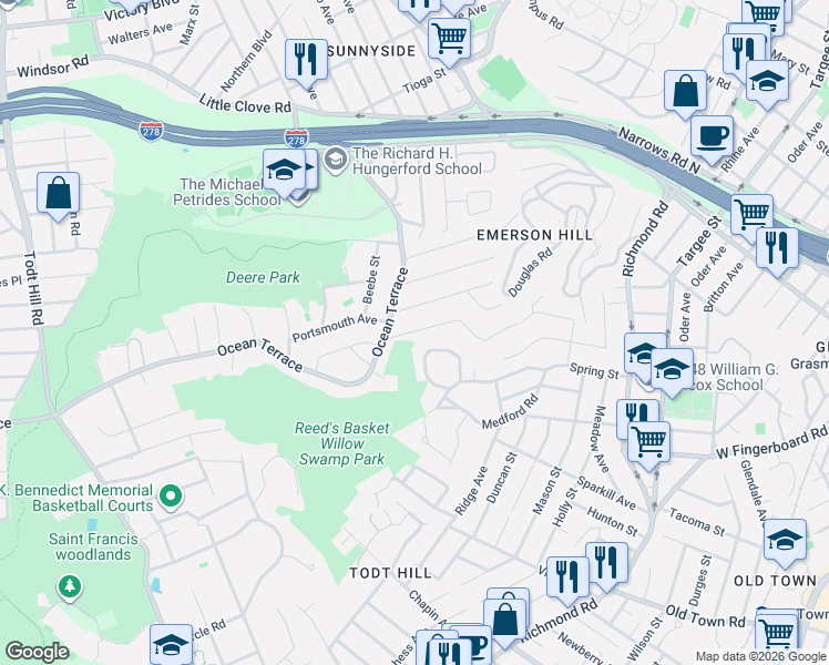 map of restaurants, bars, coffee shops, grocery stores, and more near 586 Ocean Terrace in Staten Island