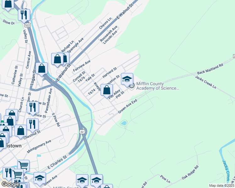 map of restaurants, bars, coffee shops, grocery stores, and more near 519 Pitt Street in Lewistown