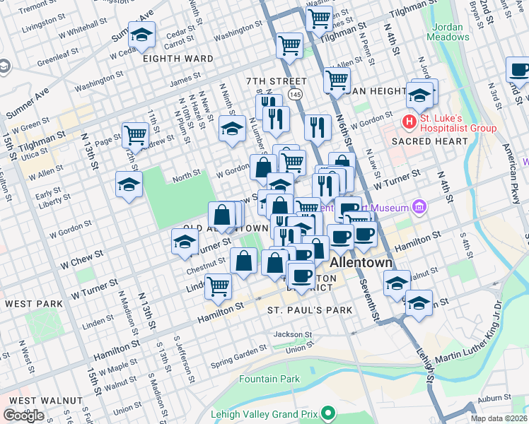 map of restaurants, bars, coffee shops, grocery stores, and more near 235 North Ninth Street in Allentown