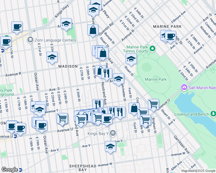 map of restaurants, bars, coffee shops, grocery stores, and more near 3245 Nostrand Avenue in Brooklyn