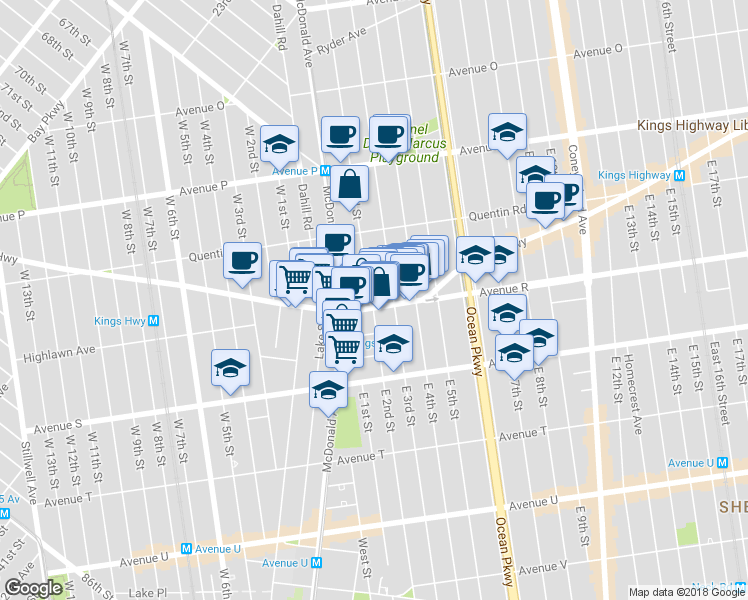 map of restaurants, bars, coffee shops, grocery stores, and more near 1827 East 2nd Street in Brooklyn