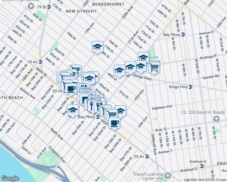 map of restaurants, bars, coffee shops, grocery stores, and more near 2154 81 Street in Brooklyn