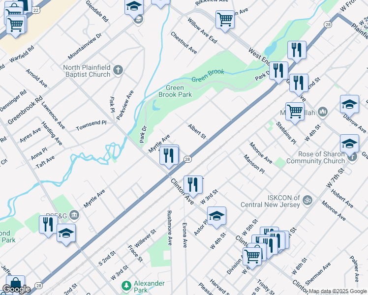 map of restaurants, bars, coffee shops, grocery stores, and more near 24-26 Mariners Court in Plainfield