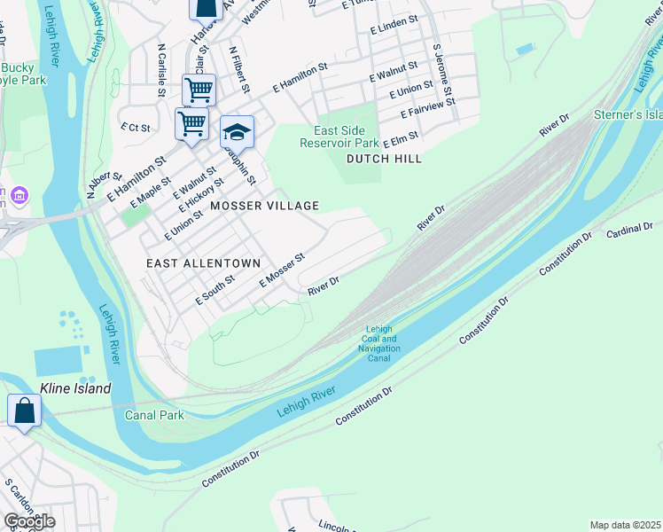 map of restaurants, bars, coffee shops, grocery stores, and more near 431 River Drive in Allentown