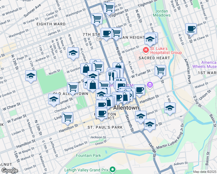 map of restaurants, bars, coffee shops, grocery stores, and more near 721 West Turner Street in Allentown