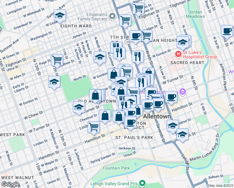 map of restaurants, bars, coffee shops, grocery stores, and more near 235 North Ninth Street in Allentown