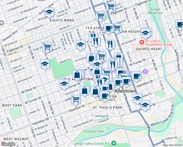 map of restaurants, bars, coffee shops, grocery stores, and more near 235 North Ninth Street in Allentown