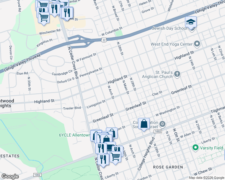 map of restaurants, bars, coffee shops, grocery stores, and more near 1030 North 29th Street in Allentown
