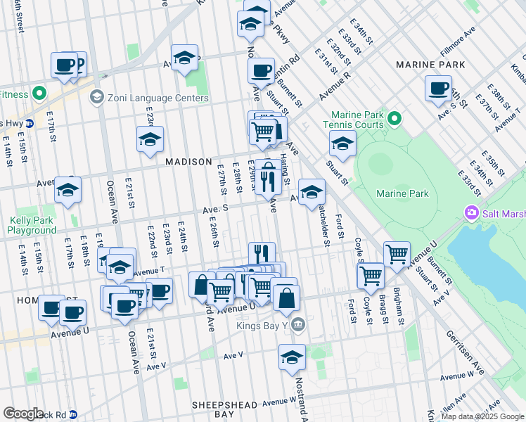 map of restaurants, bars, coffee shops, grocery stores, and more near 2819 Avenue S in Brooklyn