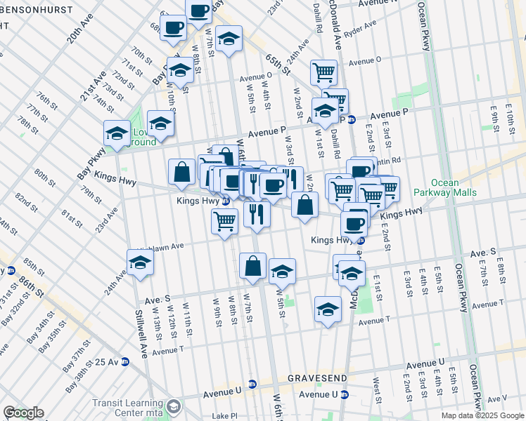 map of restaurants, bars, coffee shops, grocery stores, and more near 1760 West 5th Street in Brooklyn