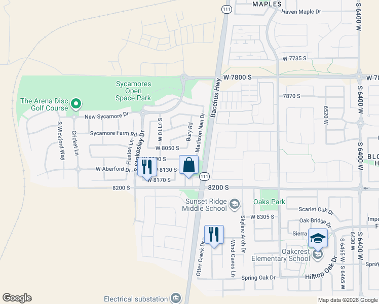 map of restaurants, bars, coffee shops, grocery stores, and more near 8048 Madison Nan Drive in West Jordan