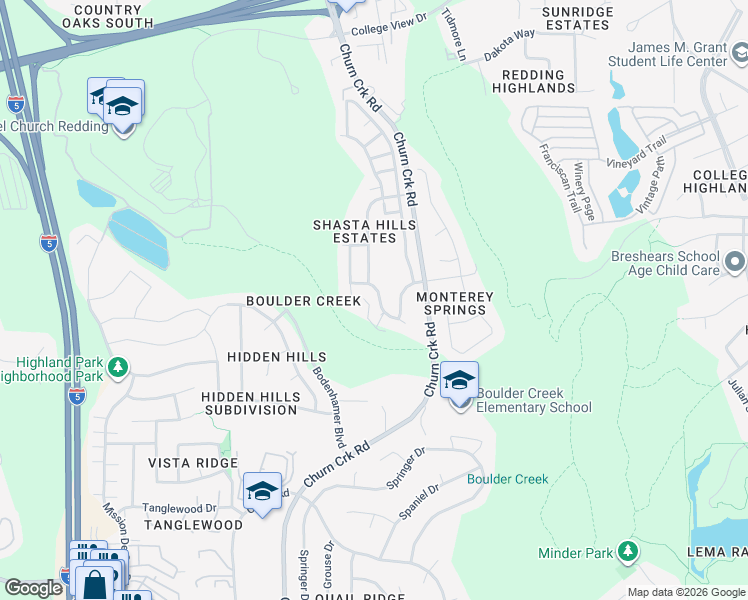 map of restaurants, bars, coffee shops, grocery stores, and more near 1124 Snowcap Trail in Redding