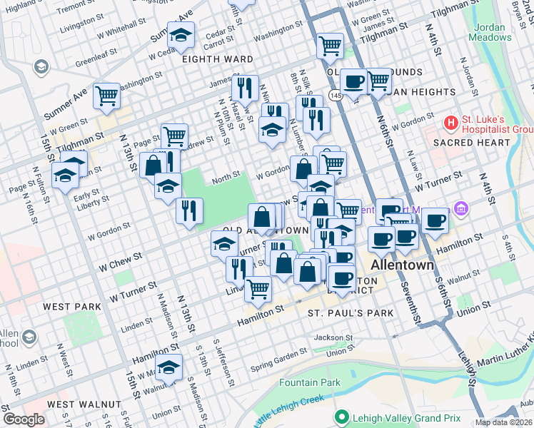 map of restaurants, bars, coffee shops, grocery stores, and more near 307 North 10th Street in Allentown