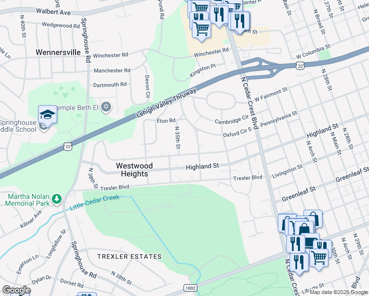 map of restaurants, bars, coffee shops, grocery stores, and more near 1135 North 35th Street in Allentown