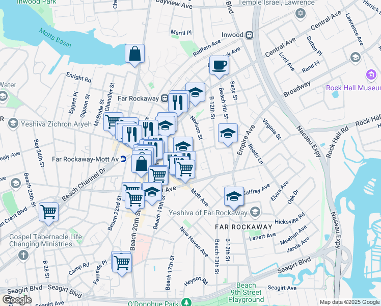 map of restaurants, bars, coffee shops, grocery stores, and more near 12 Nameoke Street in Queens