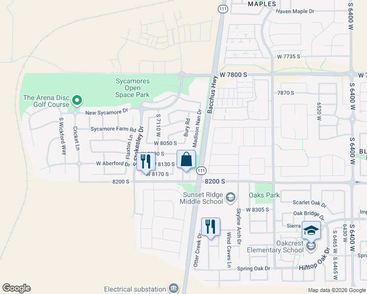 map of restaurants, bars, coffee shops, grocery stores, and more near 8048 Madison Nan Drive in West Jordan