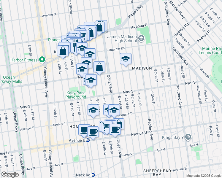map of restaurants, bars, coffee shops, grocery stores, and more near 2330 Ocean Avenue in Brooklyn