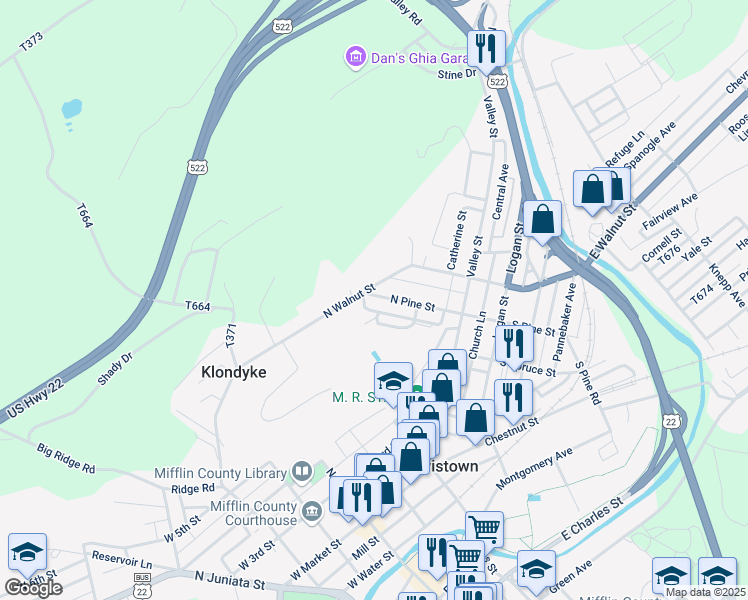 map of restaurants, bars, coffee shops, grocery stores, and more near 87 North Pine Street in Lewistown