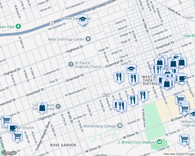 map of restaurants, bars, coffee shops, grocery stores, and more near 824 North Berks Street in Allentown