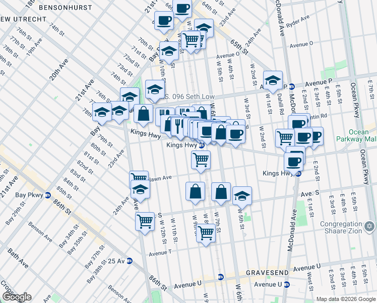 map of restaurants, bars, coffee shops, grocery stores, and more near 248 Kings Highway in Brooklyn